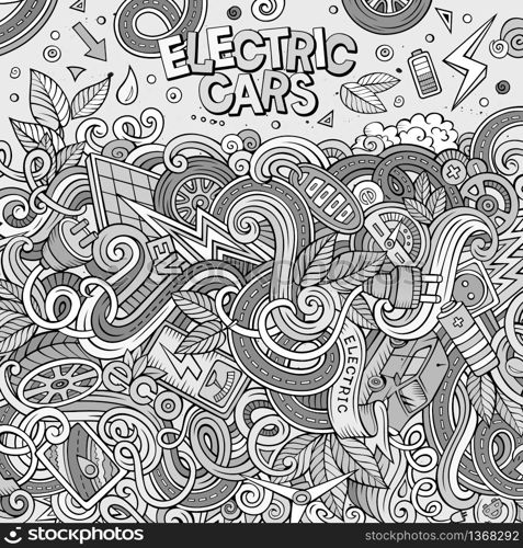 Cartoon cute doodles hand drawn electric cars frame design. Sketchy detailed, with lots of objects background. Funny vector illustration. Line art border. Cartoon doodles electric cars frame design