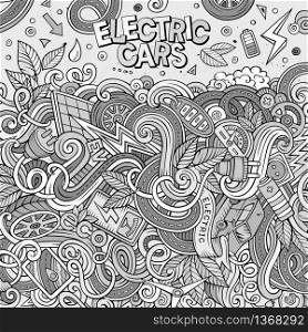Cartoon cute doodles hand drawn electric cars frame design. Sketchy detailed, with lots of objects background. Funny vector illustration. Line art border. Cartoon doodles electric cars frame design