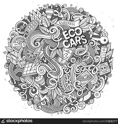 Cartoon cute doodles hand drawn Electric cars illustration. Line art detailed, with lots of objects background. Funny vector artwork. Contour picture with eco vehicles theme items. Cartoon cute doodles Electric cars illustration