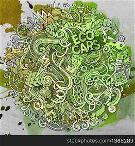 Cartoon cute doodles hand drawn Electric cars illustration. Line art detailed, with lots of objects background. Funny vector artwork. Watercolor picture with eco vehicles theme items. Cartoon cute doodles Electric cars illustration
