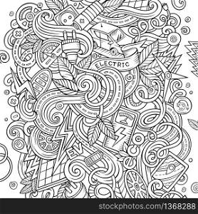 Cartoon cute doodles hand drawn Electric cars illustration. Line art detailed, with lots of objects background. Funny vector artwork. Contour picture with eco vehicles theme items. Cartoon cute doodles Electric cars illustration