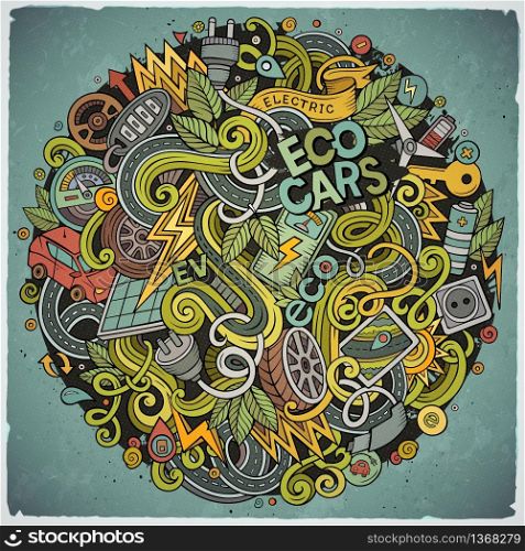 Cartoon cute doodles hand drawn Electric cars illustration. Colorful detailed, with lots of objects background. Funny vector artwork. Bright colors picture with eco vehicles theme items. Cartoon cute doodles Electric cars illustration