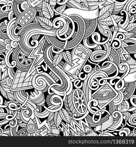 Cartoon cute doodles hand drawn Electric vehicle seamless pattern. Line art detailed, with lots of objects background. Endless funny vector illustration. Contour backdrop with eco cars symbols and items. Cartoon cute doodles hand drawn Electric vehicle seamless pattern