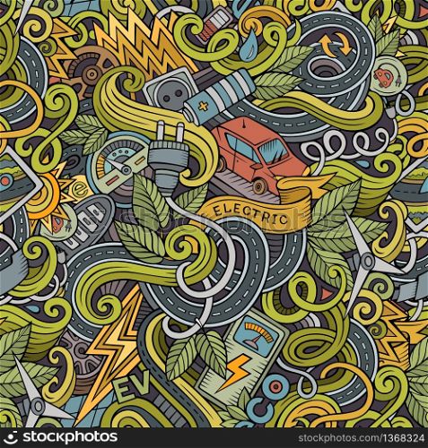 Cartoon cute doodles hand drawn Electric vehicle seamless pattern. Colorful detailed, with lots of objects background. Endless funny vector illustration. backdrop with eco cars symbols and items. Cartoon cute doodles hand drawn Electric vehicle seamless pattern