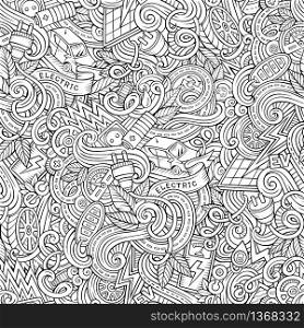 Cartoon cute doodles hand drawn Electric vehicle seamless pattern. Line art detailed, with lots of objects background. Endless funny vector illustration. Contour backdrop with eco cars symbols and items. Cartoon cute doodles hand drawn Electric vehicle seamless pattern