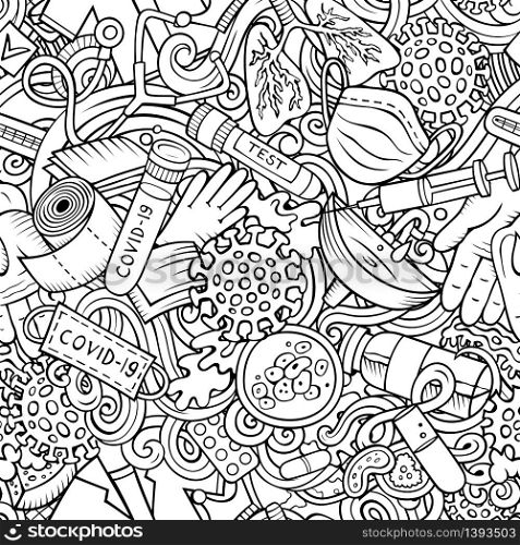 Cartoon cute doodles hand drawn Epidemic seamless pattern. Line art detailed, with lots of objects background. Endless funny vector illustration. All objects separate.. Cartoon cute doodles hand drawn Epidemic seamless pattern.