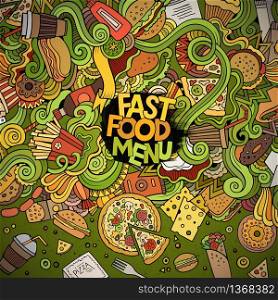 Cartoon cute doodles hand drawn fast food frame design. Colorful detailed, with lots of objects background. Funny vector illustration. Bright colors border with fastfood theme items. Cartoon doodles fast food frame design