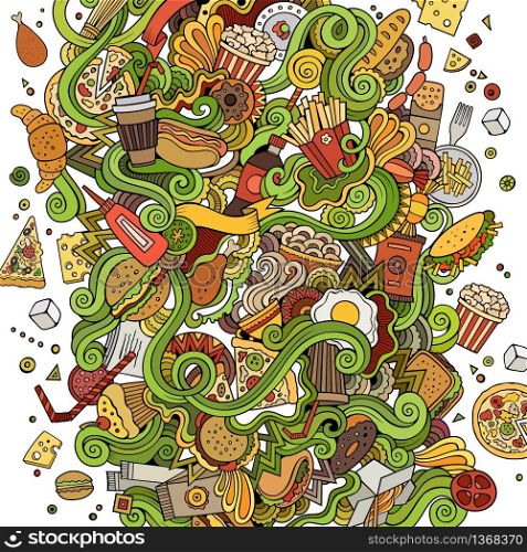 Cartoon cute doodles hand drawn Fastfood illustration. Colorful detailed, with lots of objects background. Funny vector artwork. Bright colors picture with fast food theme items. Cartoon cute doodles hand drawn Fastfood illustration