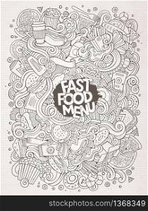 Cartoon cute doodles hand drawn Fastfood illustration. Line art detailed, with lots of objects background. Funny vector artwork. Sketch picture with fast food theme items. Cartoon cute doodles hand drawn Fastfood illustration