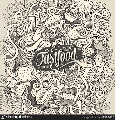 Cartoon cute doodles hand drawn Fastfood illustration. Sketch detailed, with lots of objects background. Funny vector artwork. Line art picture with fast food theme items. Cartoon cute doodles hand drawn Fastfood illustration