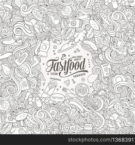 Cartoon cute doodles hand drawn food frame design. Line art detailed, with lots of objects background. Funny vector illustration. Sketchy border with fastfood theme items. Cartoon doodles fast food frame design
