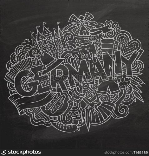 Cartoon cute doodles hand drawn Germany inscription. Chalkboard illustration with Deutsche theme items. Line art detailed, with lots of objects background. Funny vector artwork. Cartoon cute doodles Germany illustration