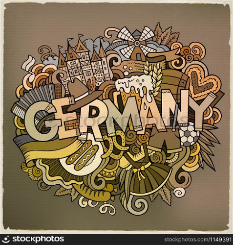Cartoon cute doodles hand drawn Germany inscription. Colorful illustration with Deutsche theme items. Line art detailed, with lots of objects background. Funny vector artwork. Cartoon cute doodles Germany illustration