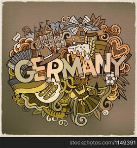 Cartoon cute doodles hand drawn Germany inscription. Colorful illustration with Deutsche theme items. Line art detailed, with lots of objects background. Funny vector artwork. Cartoon cute doodles Germany illustration