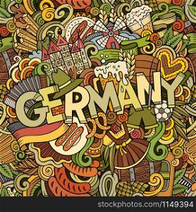 Cartoon cute doodles hand drawn Germany inscription. Colorful illustration with Deutsche theme items. Line art detailed, with lots of objects background. Funny vector artwork. Cartoon cute doodles hand drawn Germany inscription