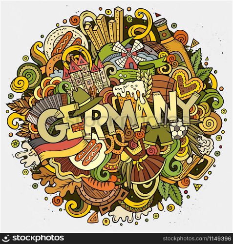 Cartoon cute doodles hand drawn Germany inscription. Colorful illustration with Deutsche theme items. Line art detailed, with lots of objects background. Funny vector artwork. Cartoon cute doodles hand drawn Germany inscription