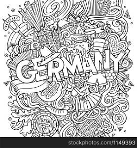 Cartoon cute doodles hand drawn Germany inscription. Contour illustration with Deutsche theme items. Line art detailed, with lots of objects background. Funny vector artwork. Cartoon cute doodles hand drawn Germany inscription
