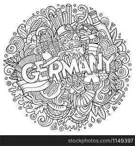 Cartoon cute doodles hand drawn Germany inscription. Contour illustration with Deutsche theme items. Line art detailed, with lots of objects background. Funny vector artwork. Cartoon cute doodles hand drawn Germany inscription