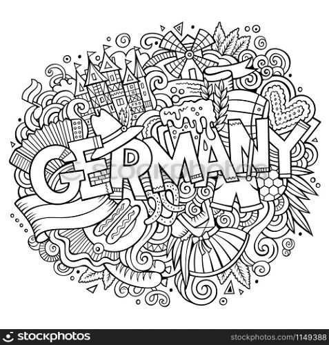 Cartoon cute doodles hand drawn Germany inscription. Line art illustration with Deutsche theme items. Line art detailed, with lots of objects background. Funny vector artwork. Cartoon cute doodles Germany illustration