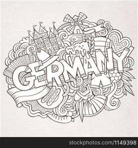 Cartoon cute doodles hand drawn Germany inscription. Line art illustration with Deutsche theme items. Line art detailed, with lots of objects background. Funny vector artwork. Cartoon cute doodles Germany illustration