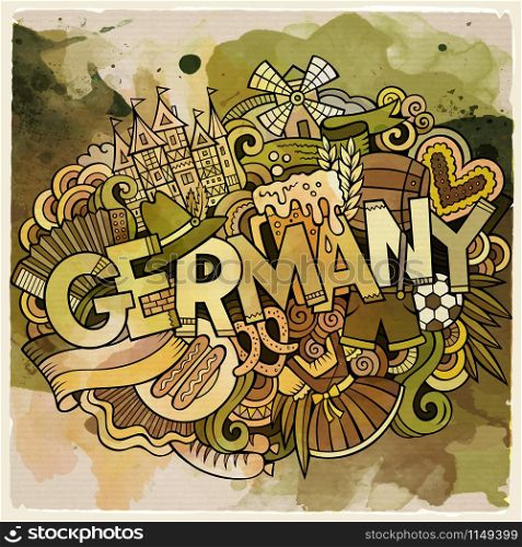 Cartoon cute doodles hand drawn Germany inscription. Watercolor detailed illustration. Lots of objects background. Funny vector holiday artwork. Cartoon cute doodles hand drawn Germany inscription