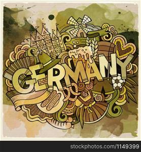 Cartoon cute doodles hand drawn Germany inscription. Watercolor detailed illustration. Lots of objects background. Funny vector holiday artwork. Cartoon cute doodles hand drawn Germany inscription
