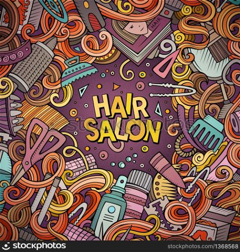Cartoon cute doodles hand drawn Hair salon frame design. Colorful detailed, with lots of objects background. Funny vector illustration. Bright colors border with Barber shop items. Cartoon cute doodles Hair salon frame design