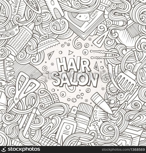 Cartoon cute doodles hand drawn Hair salon frame design. Line art detailed, with lots of objects background. Funny vector illustration. Sketchy border with Barber shop items. Cartoon cute doodles Hair salon frame design
