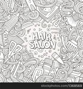 Cartoon cute doodles hand drawn Hair salon frame design. Line art detailed, with lots of objects background. Funny vector illustration. Sketchy border with Barber shop items. Cartoon cute doodles Hair salon frame design