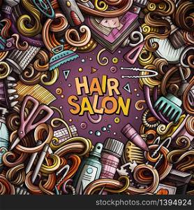 Cartoon cute doodles hand drawn Hair salon frame design. Colorful detailed, with lots of objects background. Funny vector illustration. Bright colors border with Barber shop items. Cartoon cute doodles Hair salon frame design
