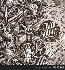 Cartoon cute doodles hand drawn Hair salon frame design. Graphic detailed, with lots of objects background. Funny vector illustration. Monochrome border with Barber shop items. Cartoon cute doodles Hair salon frame design