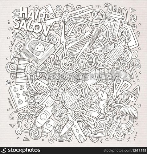 Cartoon cute doodles hand drawn Hair salon illustration. Line art detailed, with lots of objects background. Funny vector artwork. Sketchy picture with barber shop items. Cartoon doodles Hair salon illustration