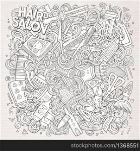 Cartoon cute doodles hand drawn Hair salon illustration. Line art detailed, with lots of objects background. Funny vector artwork. Sketchy picture with barber shop items. Cartoon doodles Hair salon illustration