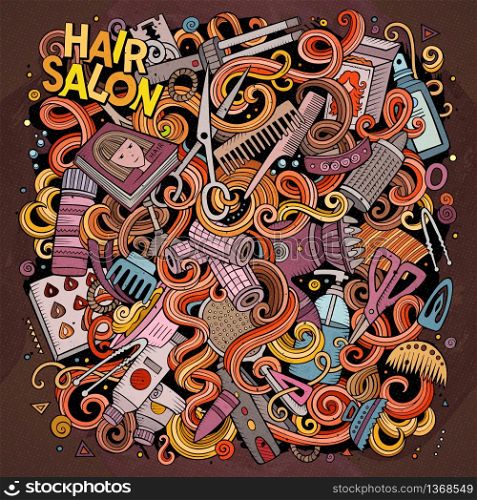 Cartoon cute doodles hand drawn Hair salon illustration. Colorful detailed, with lots of objects background. Funny vector artwork. Bright colors picture with barber shop items. Cartoon doodles Hair salon illustration