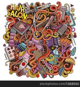 Cartoon cute doodles hand drawn Hair salon illustration. Colorful detailed, with lots of objects background. Funny vector artwork. Bright colors picture with barber shop items. Cartoon doodles Hair salon illustration