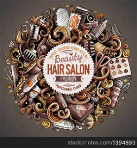 Cartoon cute doodles hand drawn Hair salon vector illustration. Colorful detailed, with lots of objects background. Bright colors picture with barber shop items. All elements separate.. Cartoon cute doodles hand drawn Hair salon vector illustration