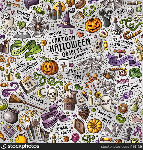 Cartoon cute doodles hand drawn Halloween illustration with lots of objects. Funny vector artwork. Cartoon cute doodles hand drawn Halloween illustration