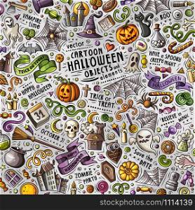 Cartoon cute doodles hand drawn Halloween illustration with lots of objects. Funny vector artwork. Cartoon cute doodles hand drawn Halloween illustration