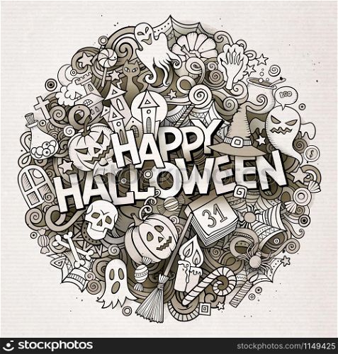 Cartoon cute doodles hand drawn Halloween inscription. Line art illustration with holiday theme items. Detailed, with lots of objects background. Funny vector artwork. Cartoon cute doodles Halloween inscription