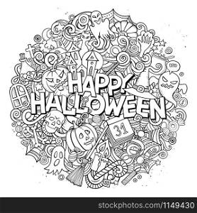 Cartoon cute doodles hand drawn Halloween inscription. Line art illustration with holiday theme items. Detailed, with lots of objects background. Funny vector artwork. Cartoon cute doodles Halloween inscription