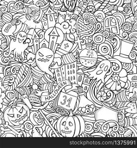 Cartoon cute doodles hand drawn Halloween seamless pattern. Line art detailed, with lots of objects background. Endless funny vector illustration. All objects separate.. Cartoon cute doodles hand drawn Halloween seamless pattern.