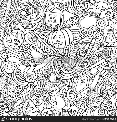 Cartoon cute doodles hand drawn Halloween seamless pattern. Line art detailed, with lots of objects background. Endless funny vector illustration. All objects separate.. Cartoon cute doodles hand drawn Halloween seamless pattern.