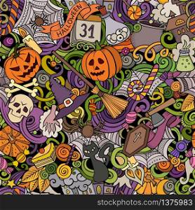 Cartoon cute doodles hand drawn Halloween seamless pattern. Colorful detailed, with lots of objects background. Endless funny vector illustration. All objects separate.. Cartoon cute doodles hand drawn Halloween seamless pattern
