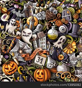 Cartoon cute doodles hand drawn Halloween seamless pattern. Colorful detailed, with lots of objects background. Endless funny vector illustration. All objects separate.. Cartoon cute doodles hand drawn Halloween seamless pattern