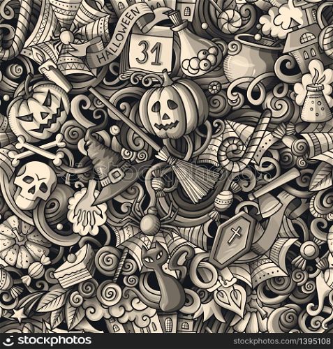 Cartoon cute doodles hand drawn Halloween seamless pattern. Monochrome detailed, with lots of objects background. Endless funny vector illustration. All objects separate.. Cartoon cute doodles hand drawn Halloween seamless pattern