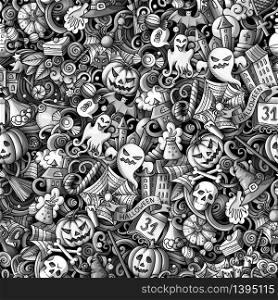 Cartoon cute doodles hand drawn Halloween seamless pattern. Monochrome detailed, with lots of objects background. Endless funny vector illustration. All objects separate.. Cartoon cute doodles hand drawn Halloween seamless pattern