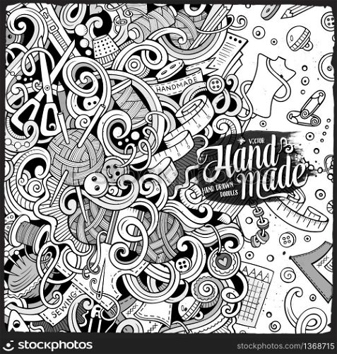 Cartoon cute doodles hand drawn hand made frame design. Line art detailed, with lots of objects background. Funny vector illustration. Sketchy border with handmade theme items. Cartoon cute doodles hand made frame design