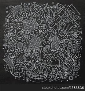 Cartoon cute doodles hand drawn Handmade illustration. Line art detailed, with lots of objects background. Funny vector artwork. Chalkboard picture with hand made theme items. Cartoon cute doodles hand drawn Handmade illustration