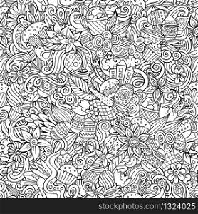 Cartoon cute doodles hand drawn Happy Easter seamless pattern. Line art detailed, with lots of objects background. Endless funny vector illustration. All objects separate.. Cartoon cute doodles hand drawn Happy Easter seamless pattern.