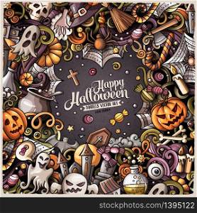 Cartoon cute doodles hand drawn Happy Halloween frame design illustration. Colorful detailed, with lots of objects background. All items are separate.. Funny vector border. Cartoon cute doodles hand drawn Happy Halloween frame design